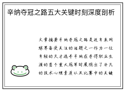 辛纳夺冠之路五大关键时刻深度剖析